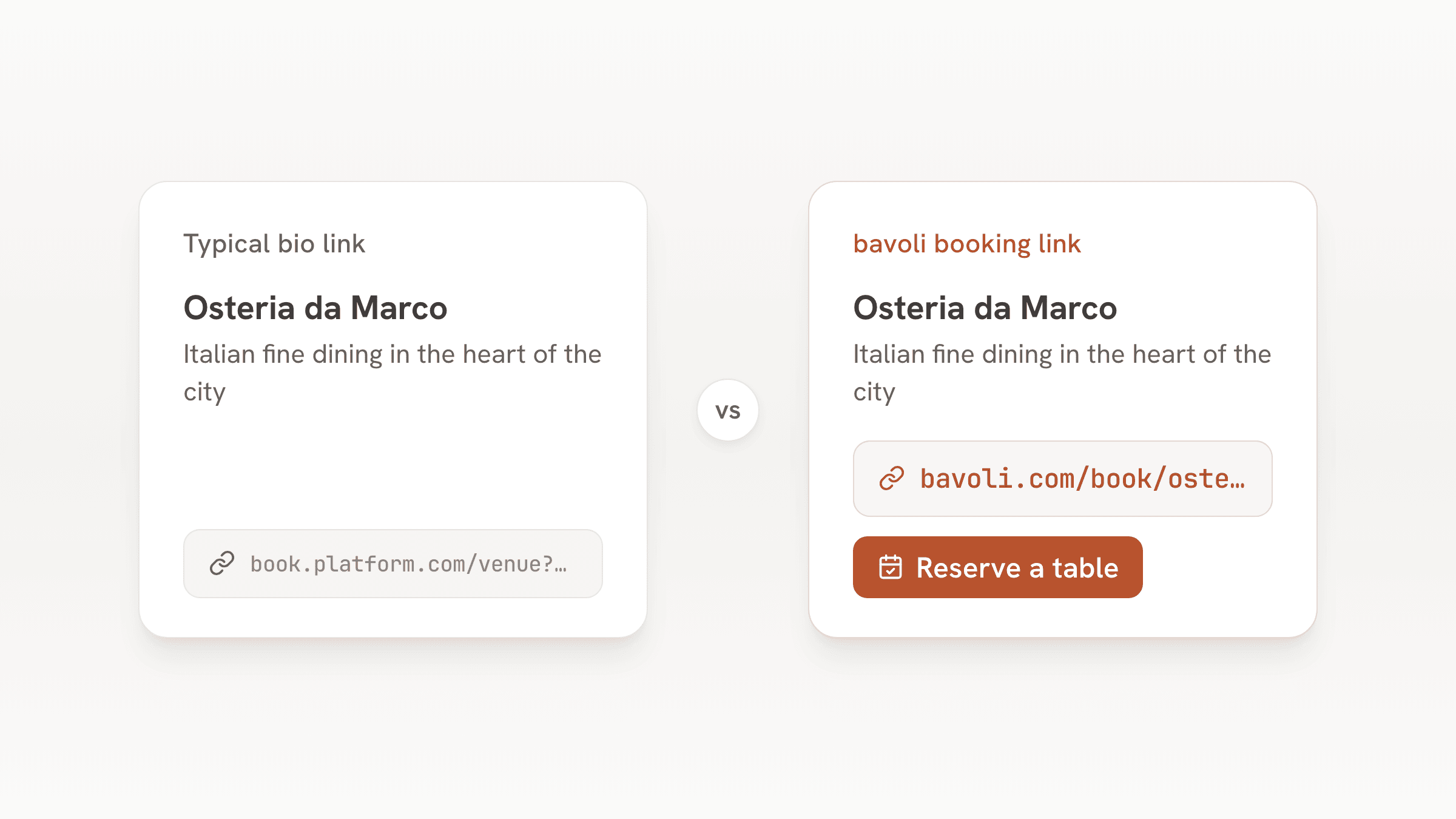 Two bio link cards side by side comparing a generic booking URL with a clean bavoli booking link