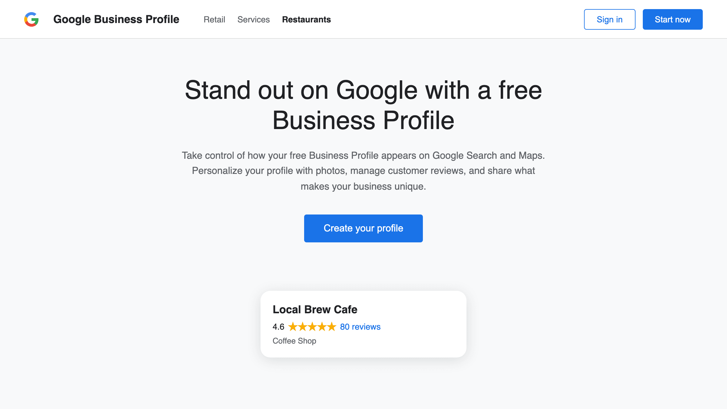 The Google Business Profile landing page