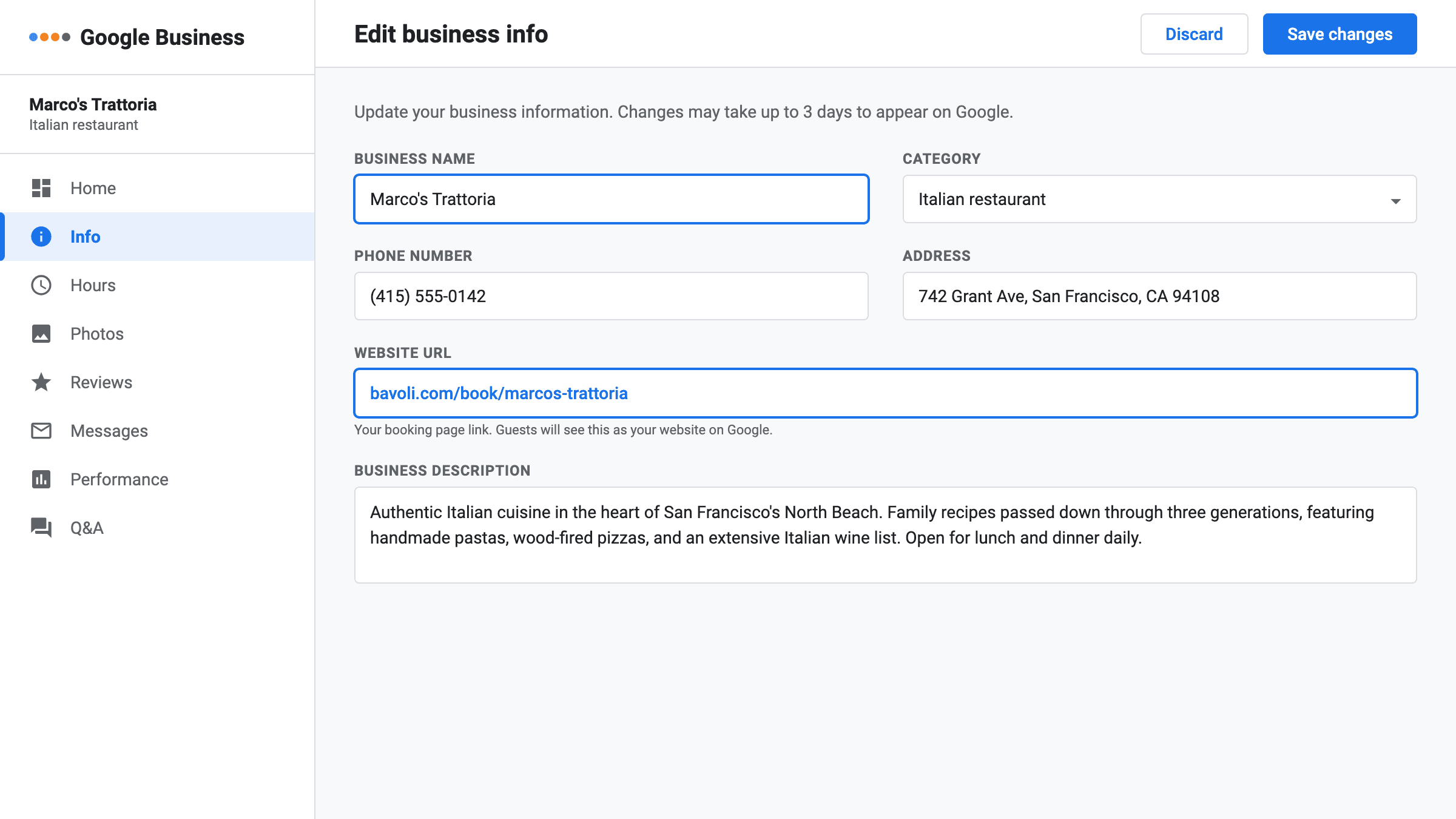 The Google Business Profile editor showing restaurant details