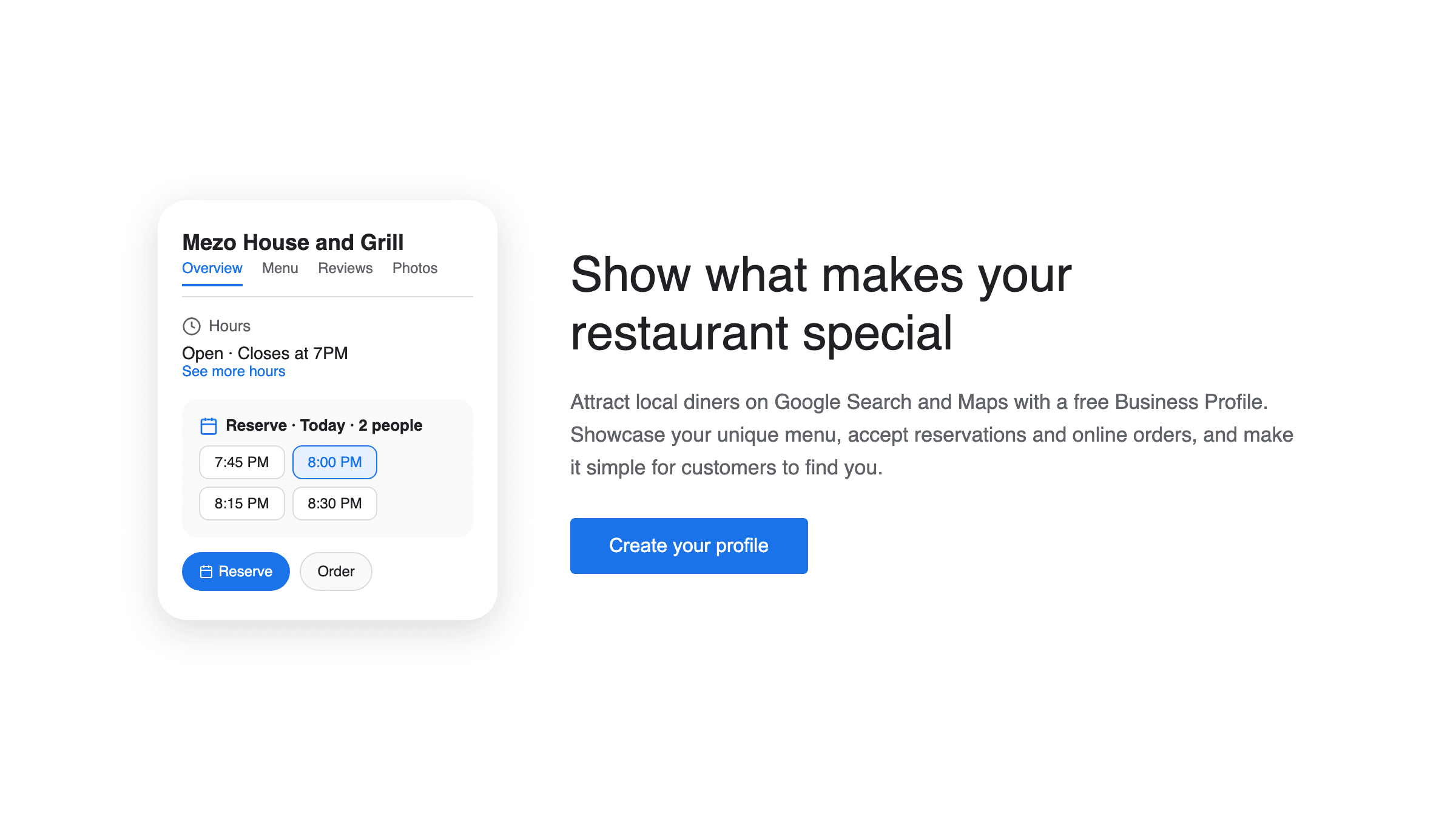 The Google Business Profile restaurants page showing reserve and menu features