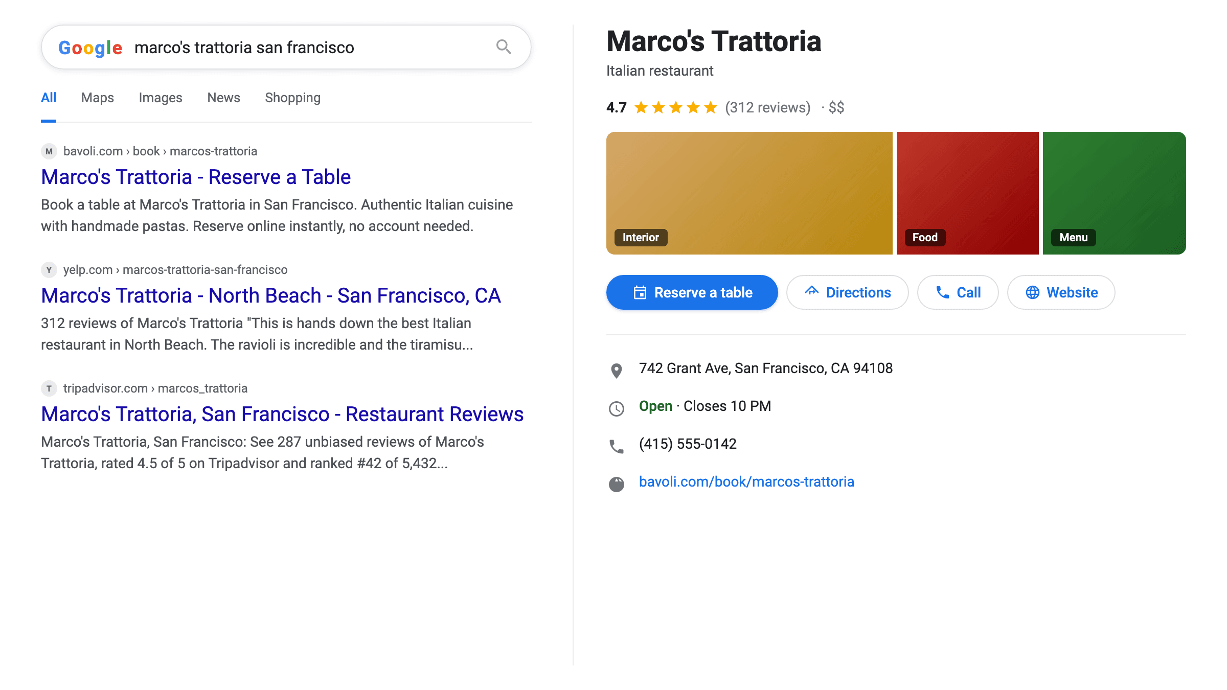 A Google search result showing the Reserve a table button on a restaurant listing
