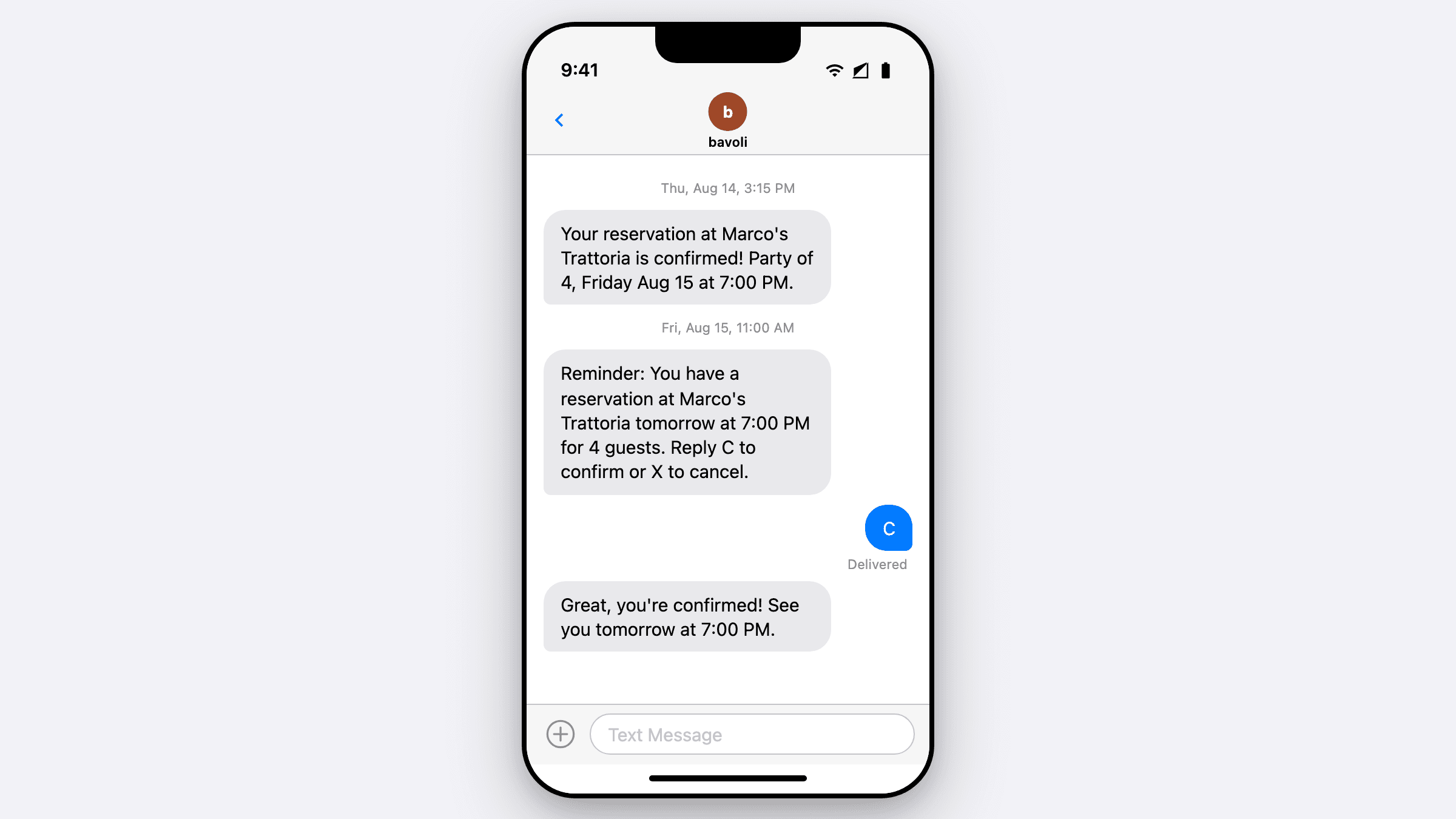 An SMS reservation reminder with a one-tap confirm button