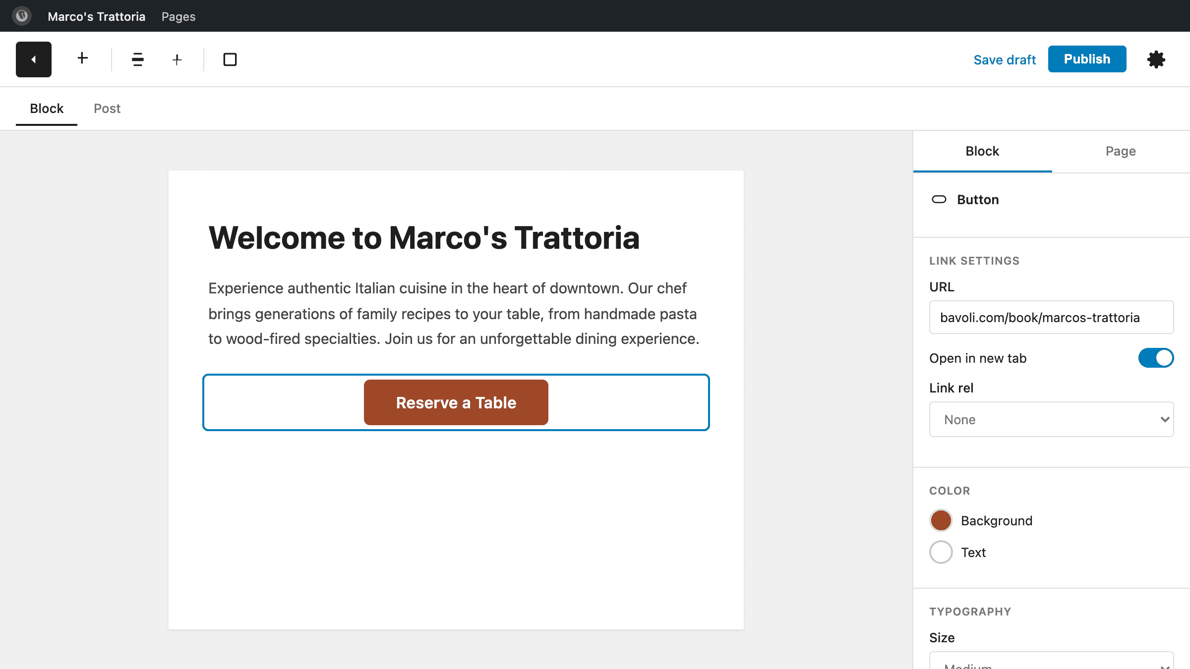 WordPress block editor with a Reserve a Table button linked to Bavoli