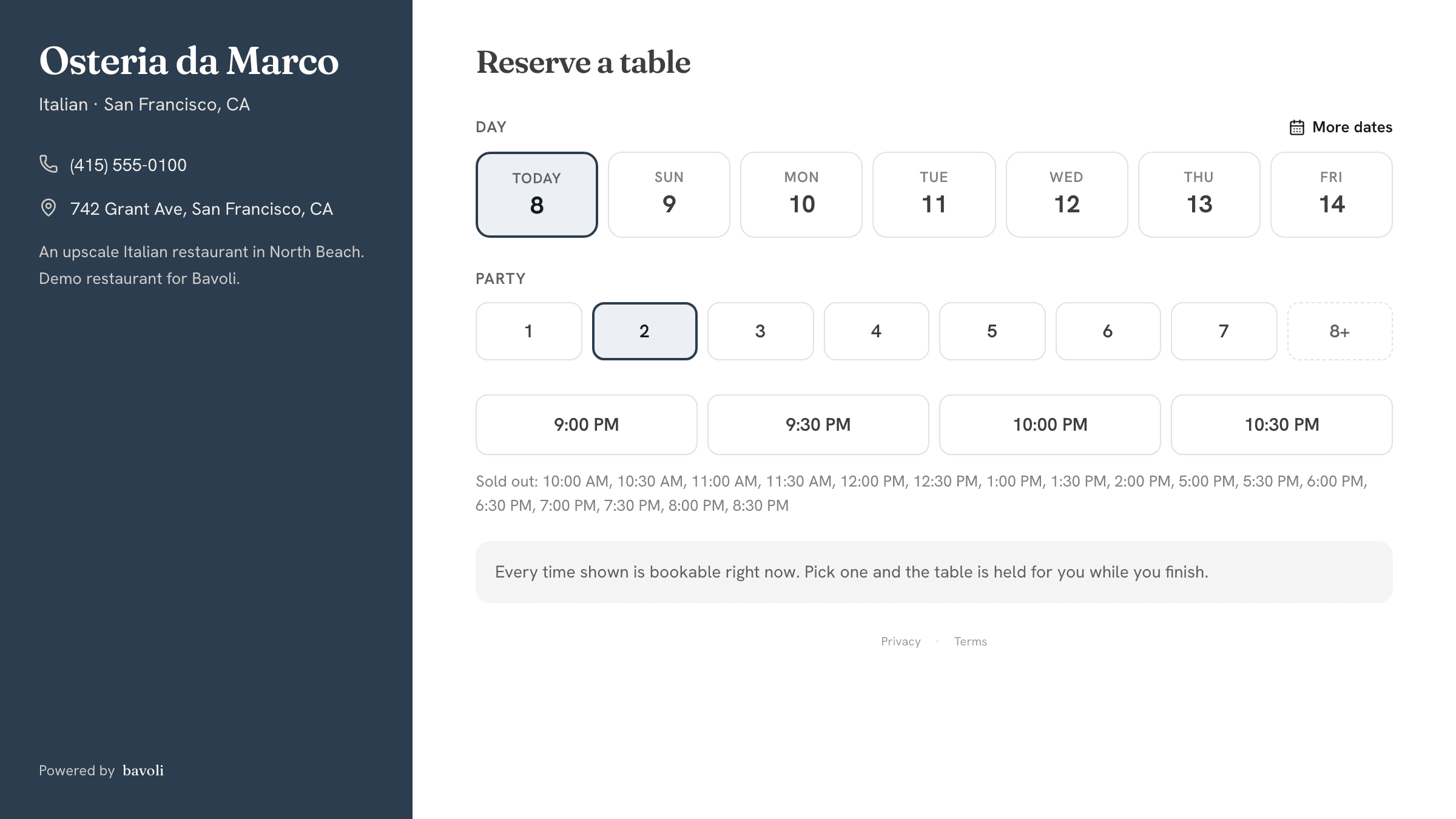 bavoli booking page showing date picker, party size selector, and available time slots for an Italian restaurant